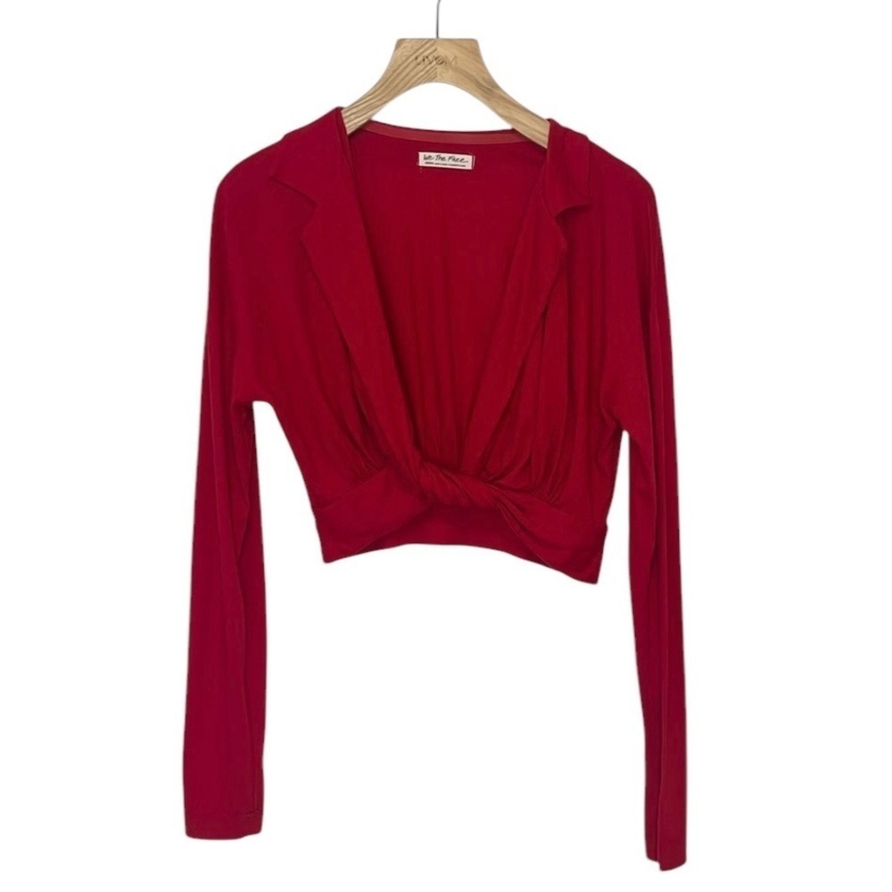 Free People Red Knot-Front Long Sleeve Crop Top